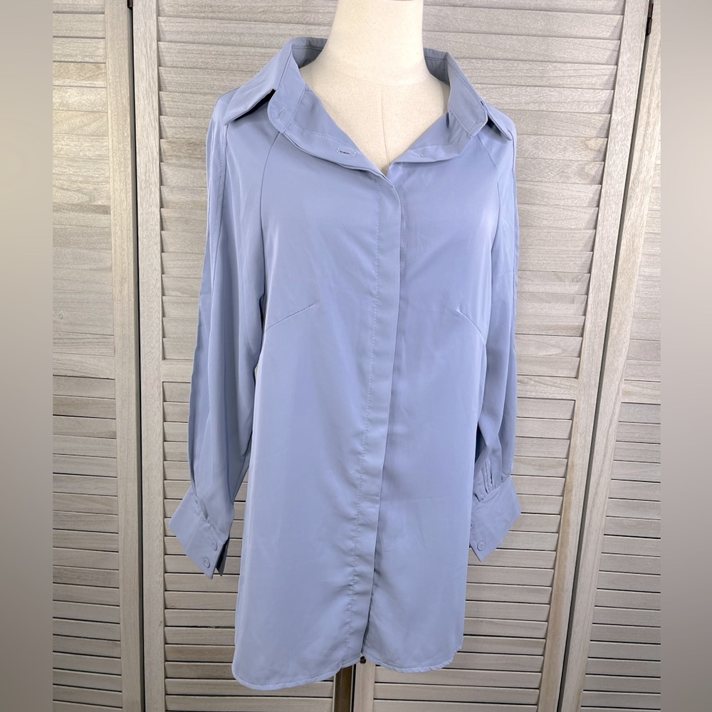 YI JIE FASHION Oversized Button Front Shirt Blue/Gray-Small